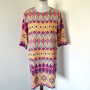 Everly Shift Dress Geometric Colorful Neon Resortwear Tropical Beach Sheath SZ L